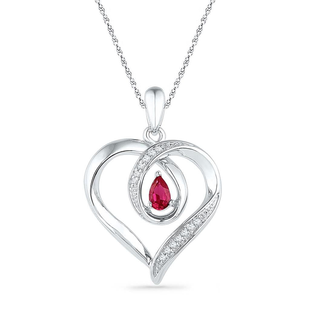 14k White Gold Pear Created Ruby Diamond Heart Pendant 1/20 Cttw