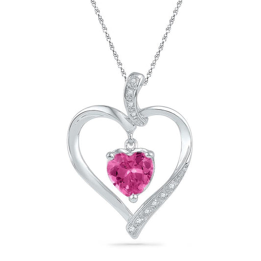 14k White Gold Round Created Pink Sapphire Heart Pendant 1-3/4 Cttw