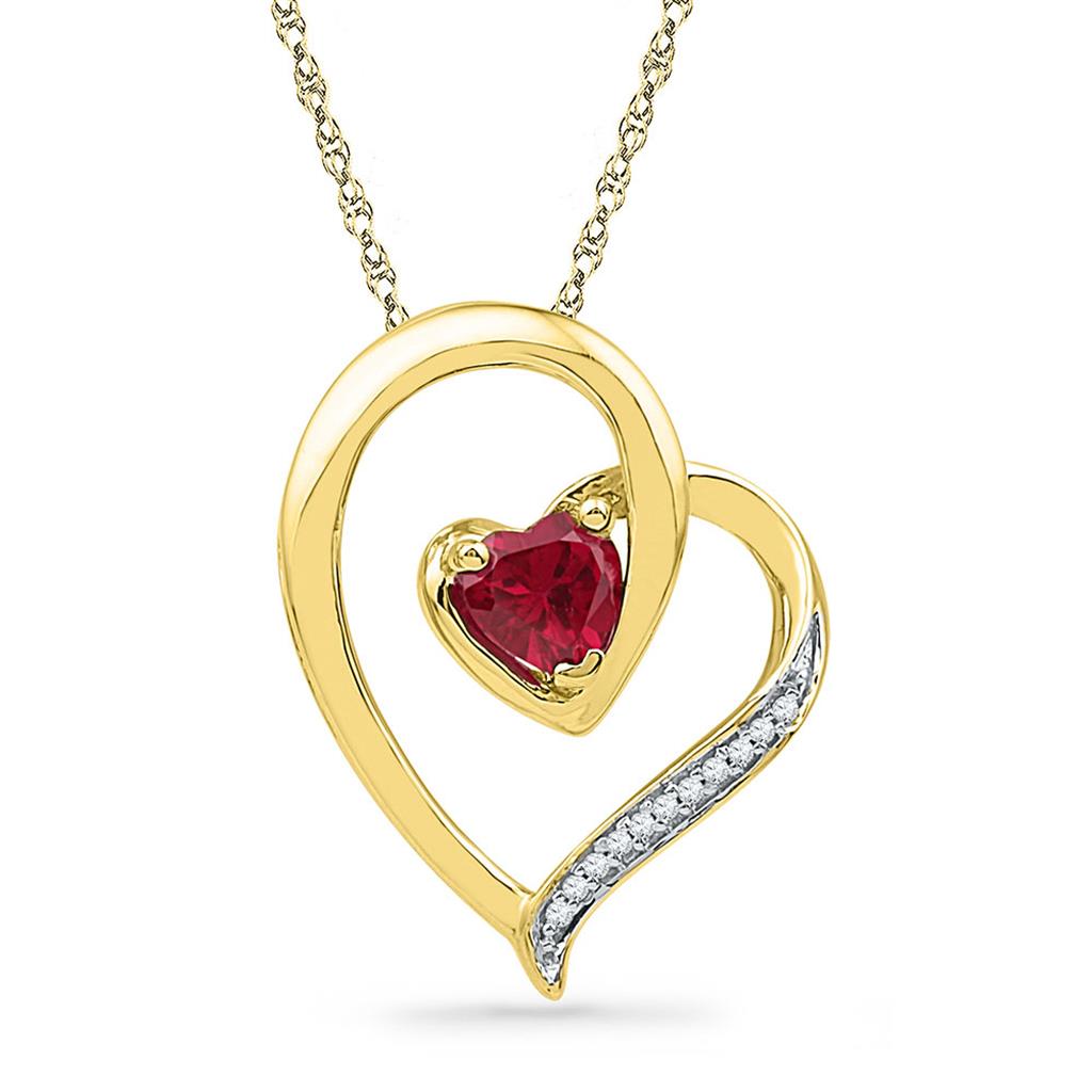 10k Yellow Gold Round Created Ruby Heart Pendant .03 Cttw