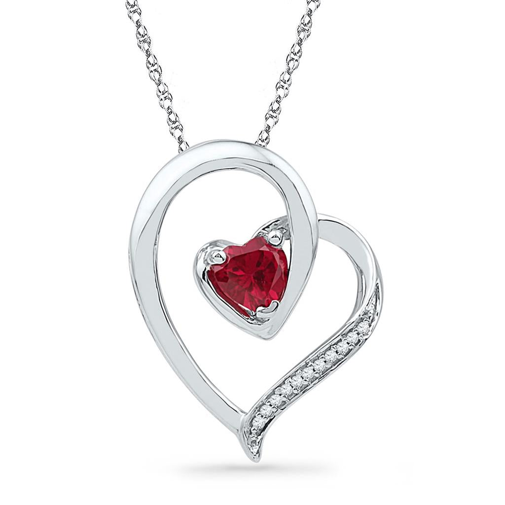 14k White Gold Round Created Ruby Heart Pendant .03 Cttw