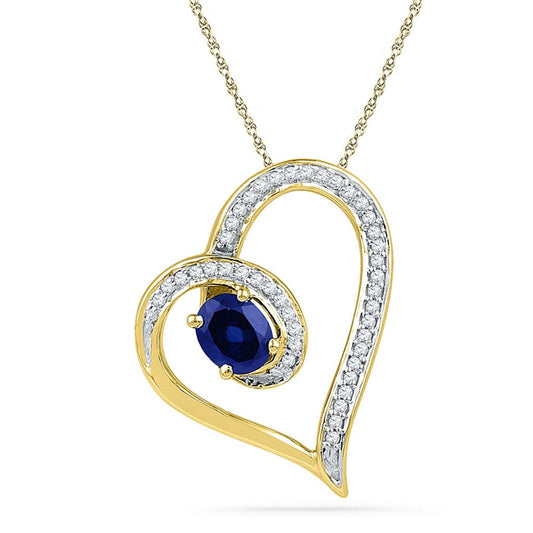 10k Yellow Gold Oval Created Blue Sapphire Heart Outline Pendant 3/4 Cttw