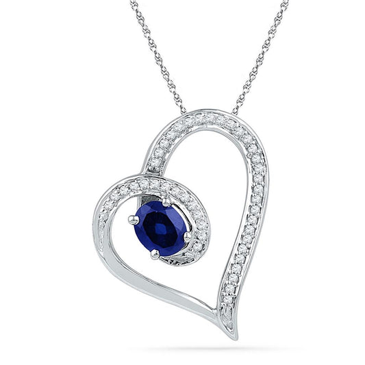 14k White Gold Oval Created Blue Sapphire Heart Outline Pendant 3/4 Cttw