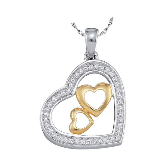 10k Two-tone Gold Round Diamond Triple Nested Heart Pendant 1/6 Cttw