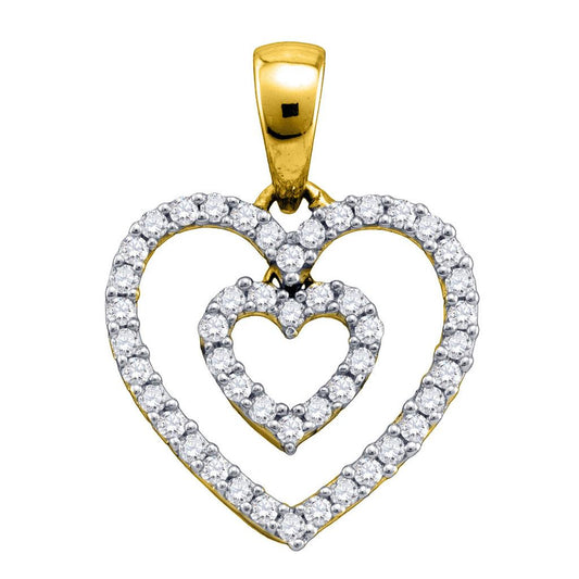 10k Yellow Gold Diamond Open-Center Double Nested Heart Dangle Pendant 1/6 Cttw