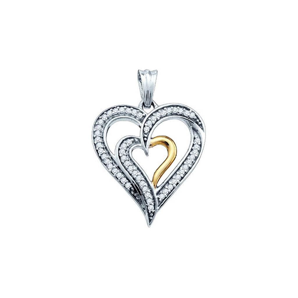 14k White Gold Round Diamond Double Nested 2-tone Heart Pendant 1/6 Cttw