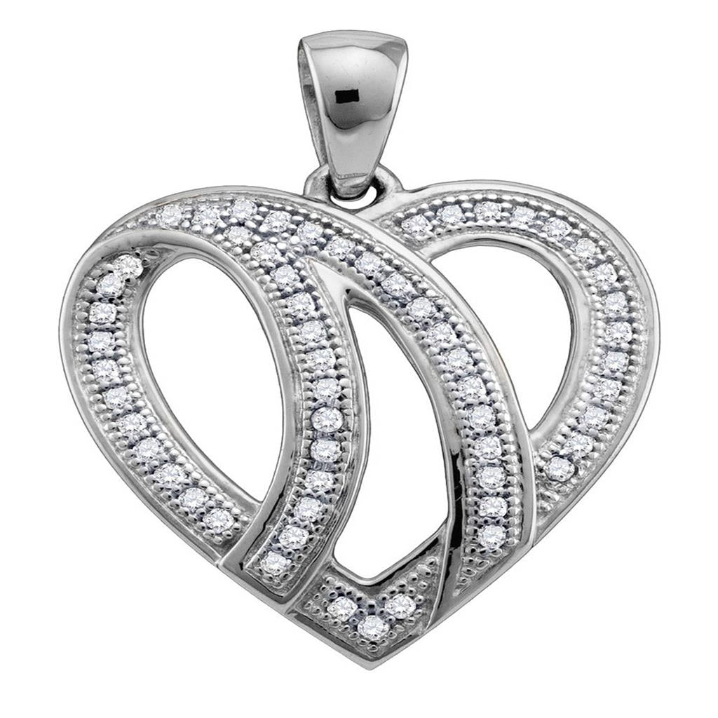 14k White Gold Round Diamond Striped Heart Pendant 1/6 Cttw
