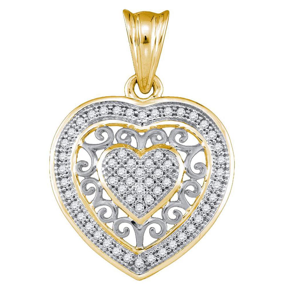 10k Yellow Gold Round Diamond Openwork Heart Cluster Pendant 1/6 Cttw