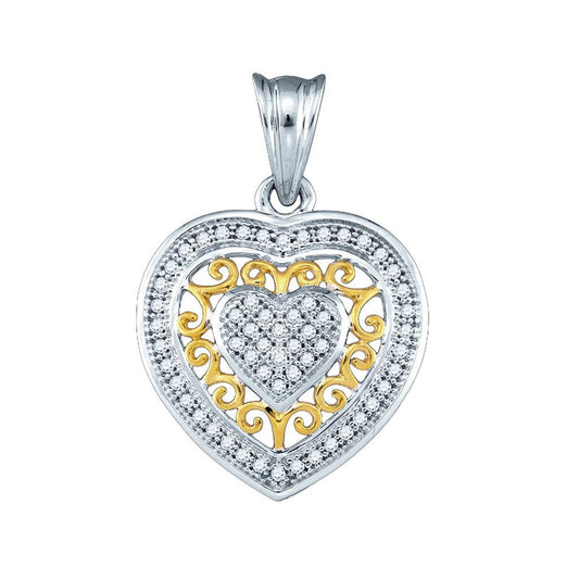 10k Two-tone Gold Round Diamond Openwork Heart Pendant 1/6 Cttw