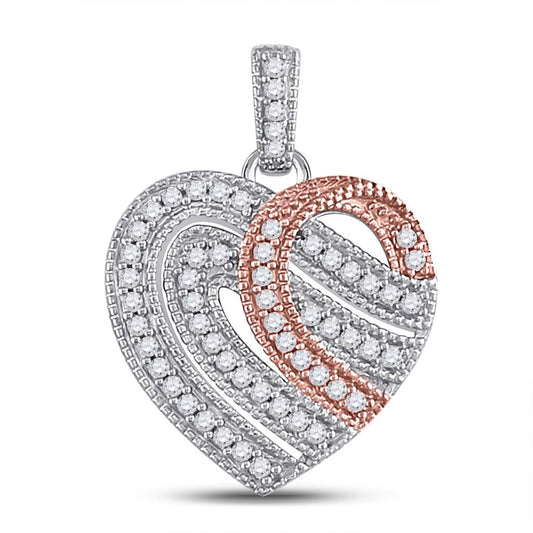 10k Two-tone Gold Round Diamond Heart Milgrain Stripe Pendant 1/5 Cttw