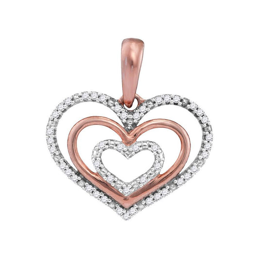 10k Rose Gold Round Diamond Triple Nested Heart Pendant 1/10 Cttw