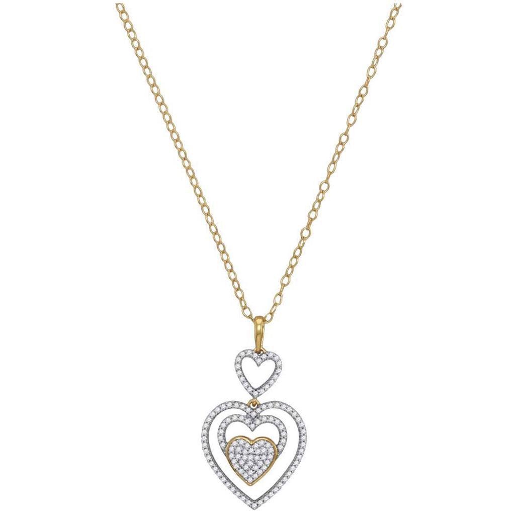 10k Yellow Gold Round Diamond Triple Nested Heart Pendant Necklace 1/3 Cttw