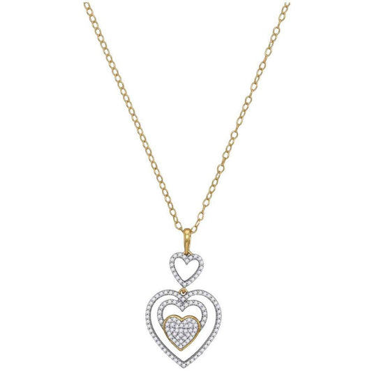 10k Yellow Gold Round Diamond Triple Nested Heart Pendant Necklace 1/3 Cttw