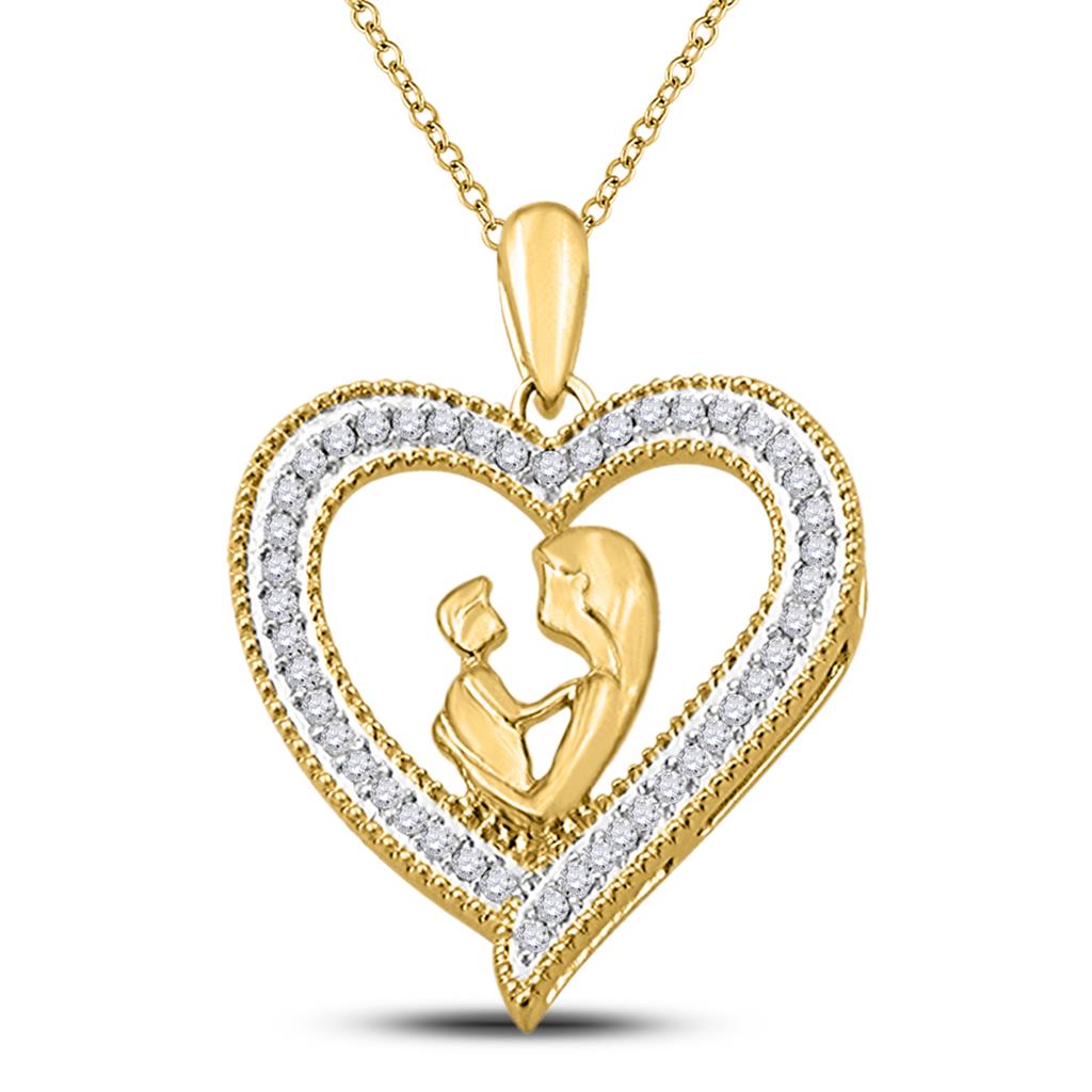 10k Yellow Gold Round Diamond Heart Mother Child Embrace Pendant 1/5 Cttw