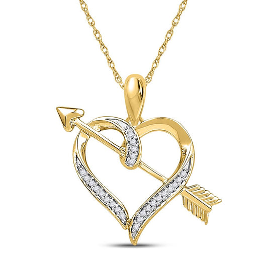 10k Yellow Gold Round Diamond Heart Arrow Pendant 1/12 Cttw
