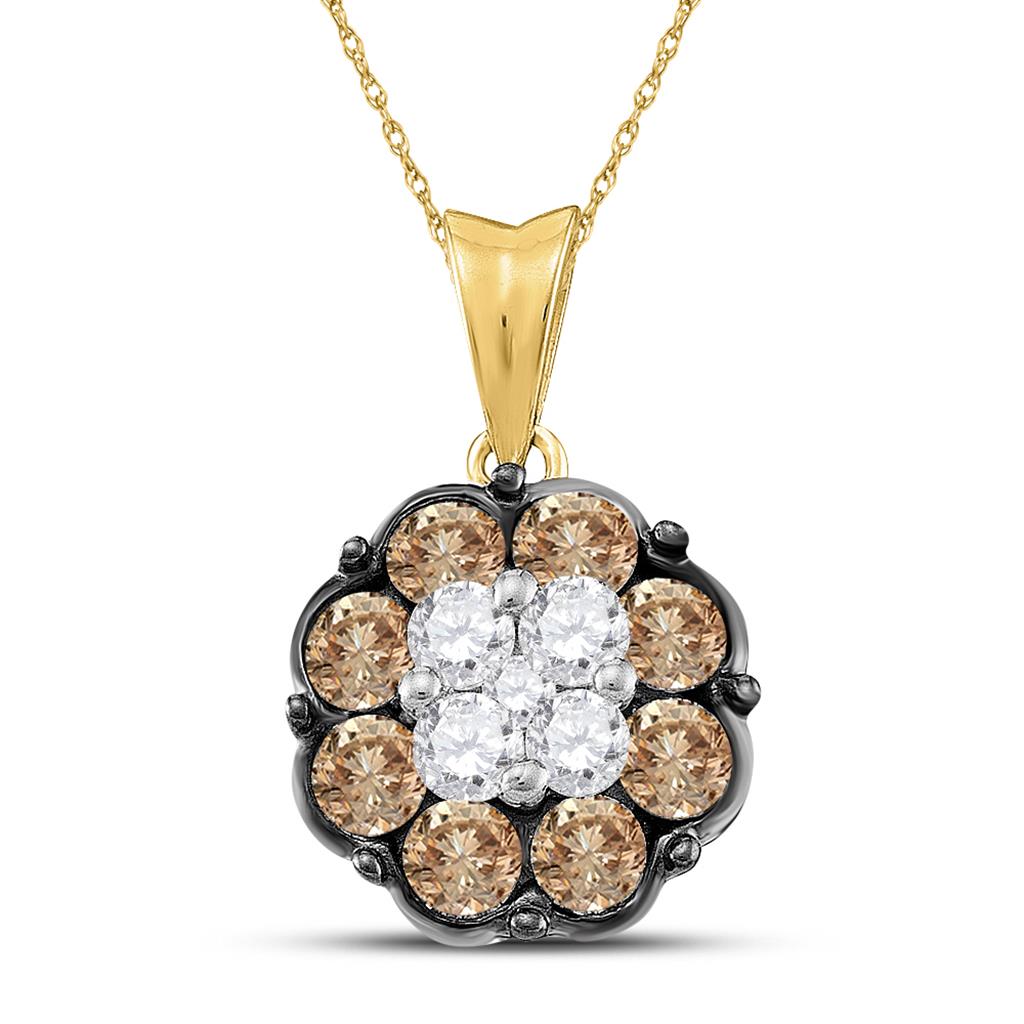 14k Yellow Gold Round Brown Diamond Cluster Pendant 1 Cttw