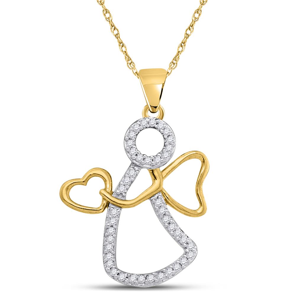 10k Yellow Gold Round Diamond Guardian Angel Heart Pendant 1/8 Cttw