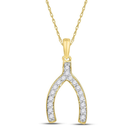 10k Yellow Gold Round Diamond Lucky Wishbone Fortune Pendant 1/6 Cttw