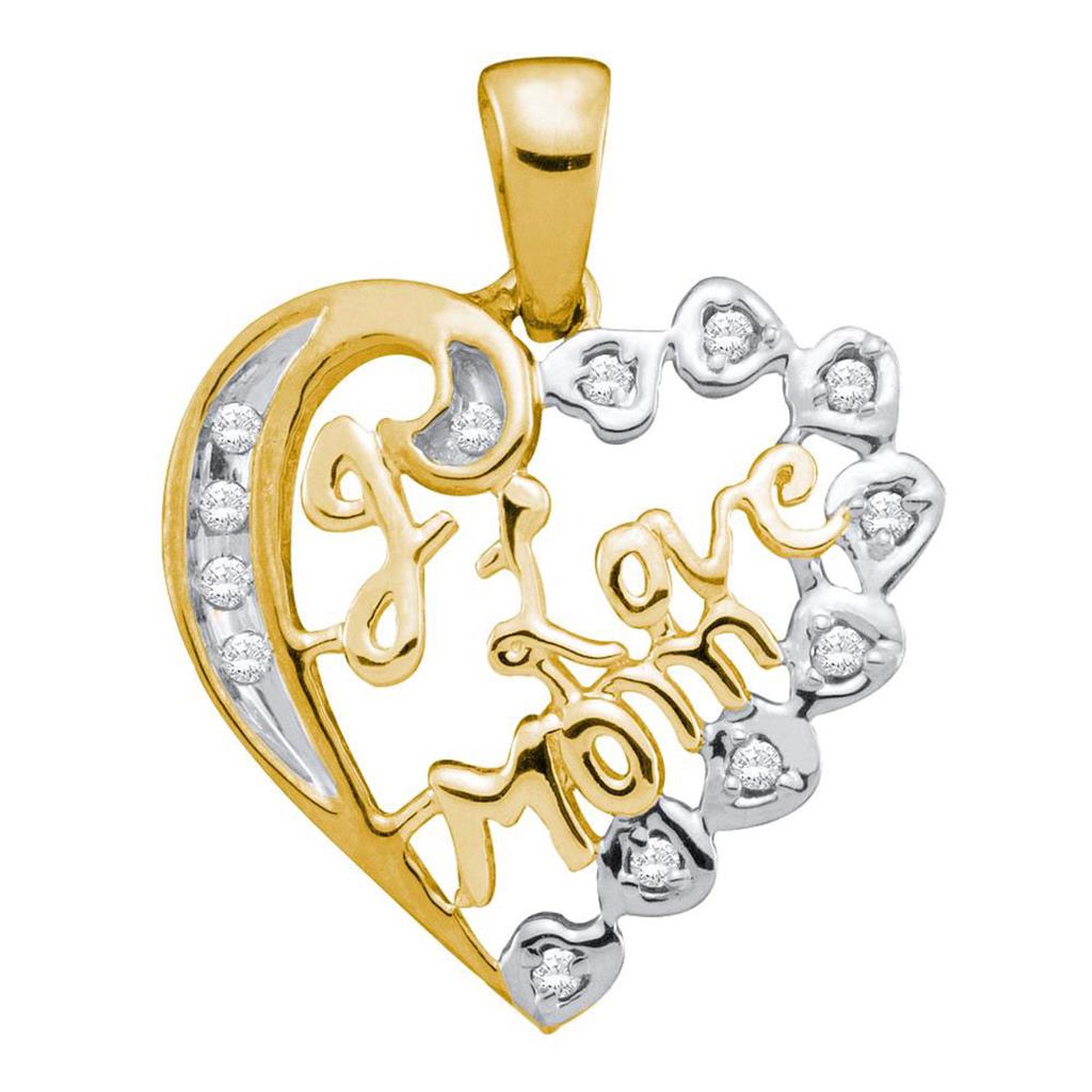 10k Yellow Gold Round Diamond I Love Mom Mother Heart Pendant 1/8 Cttw