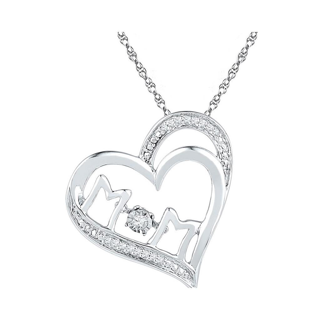 14k White Gold Round Diamond Moving Twinkle Mom Heart Pendant 1/20 Cttw