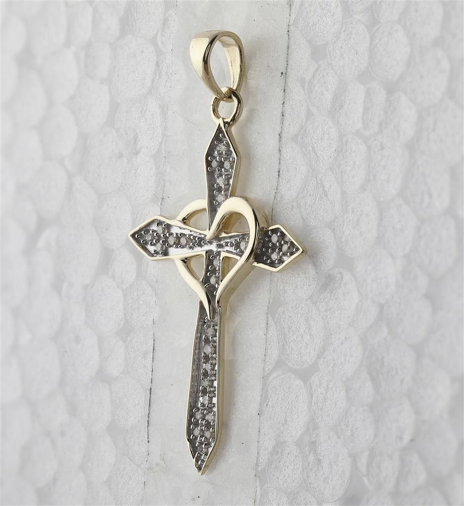 10k Yellow Gold Round Diamond Cross Heart Pendant 1/10 Cttw
