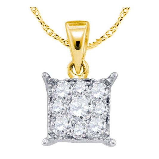 14k Yellow Gold Round Diamond Square Cluster Pendant 1/4 Cttw