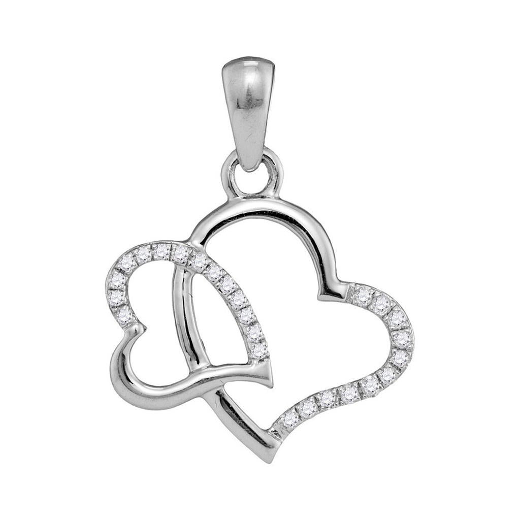 14k White Gold Round Diamond Double Heart Pendant 1/10 Cttw