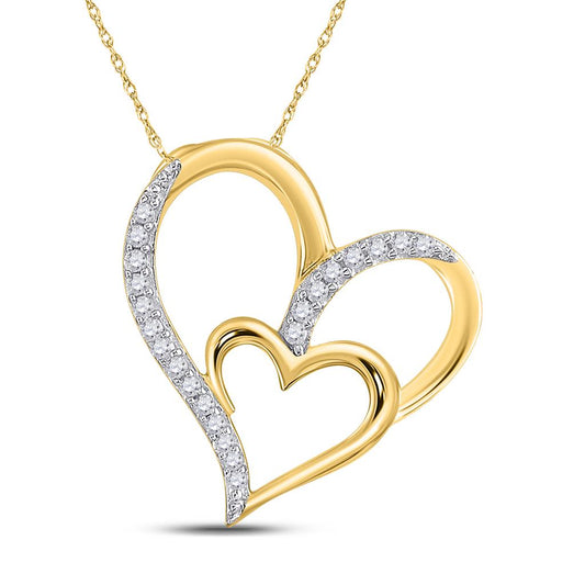 10k Yellow Gold Round Diamond Double Heart Pendant 1/6 Cttw