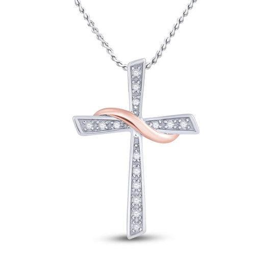 10k Two-tone Gold Round Diamond Cross Pendant 1/20 Cttw