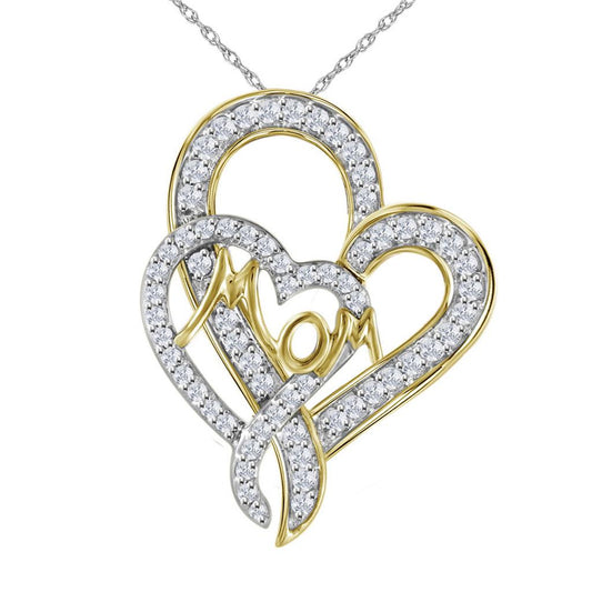 10k Yellow Gold Round Diamond Double Heart Mom Pendant 1/3 Cttw