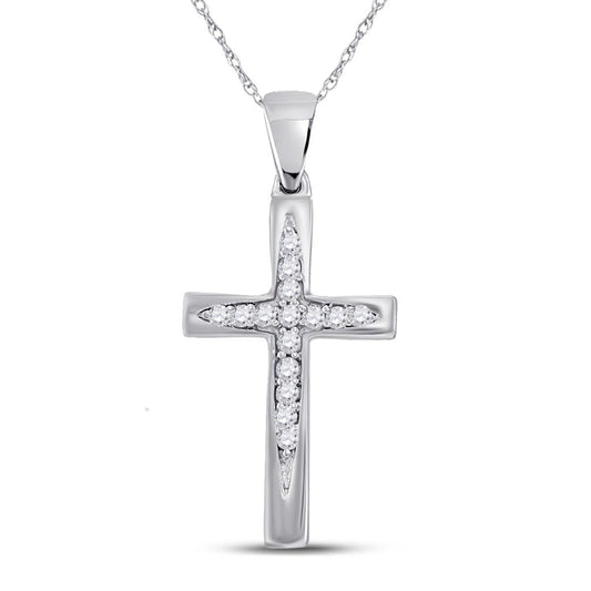 14k White Gold Round Diamond Cross Pendant 1/10 Cttw