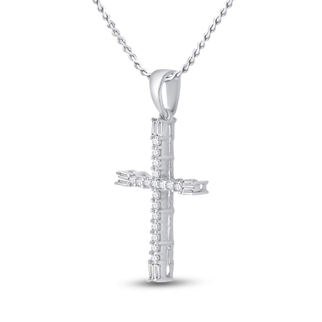 14k White Gold Round Diamond Cross Pendant 1/5 Cttw