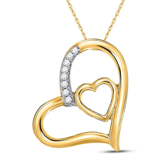 10k Yellow Gold Round Diamond Nested Heart Pendant 1/20 Cttw