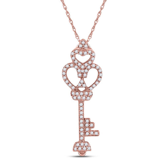 10k Rose Gold Round Diamond Trefoil Heart Key Pendant 1/5 Cttw