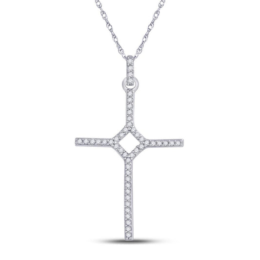 14k White Gold Round Diamond Cross Pendant 1/6 Cttw