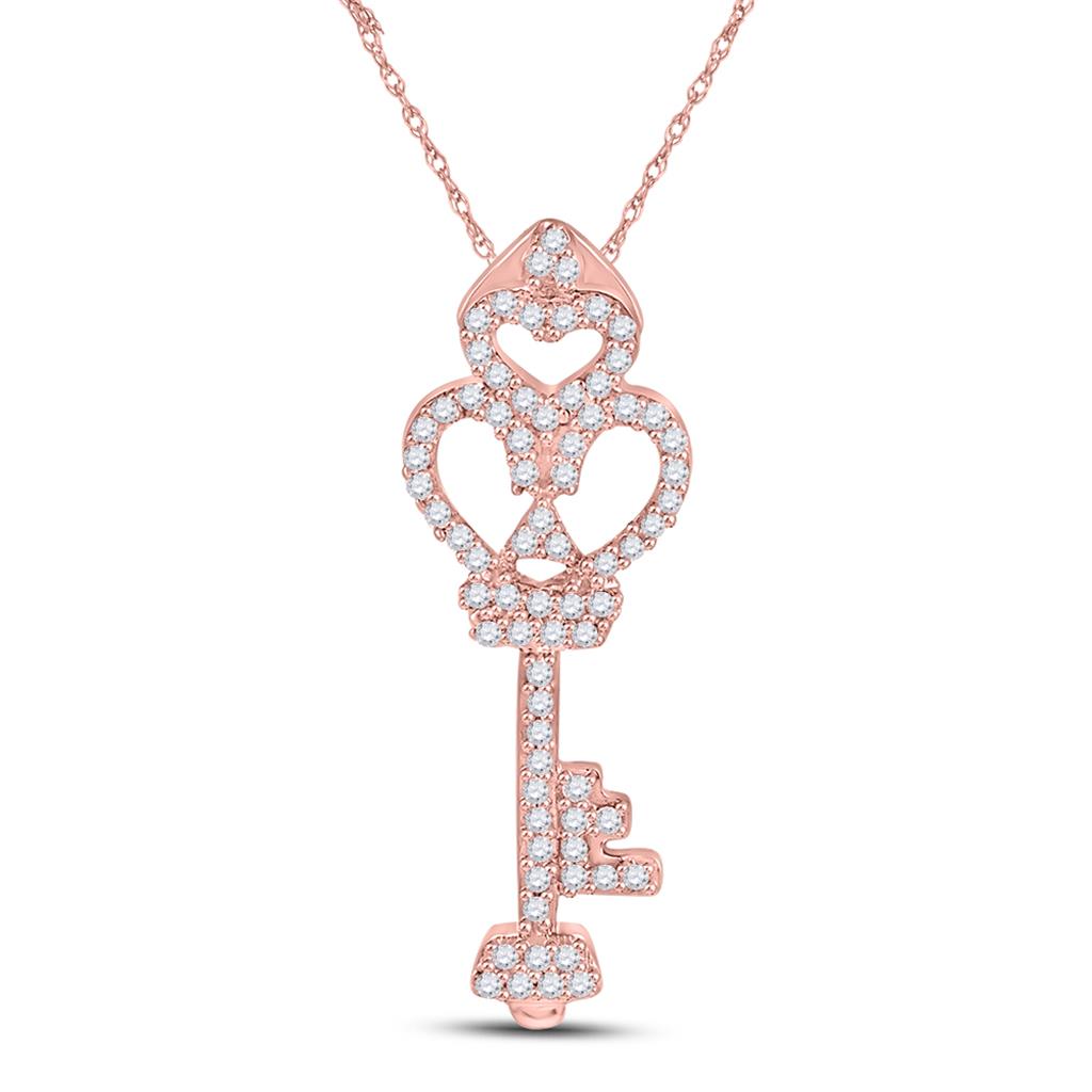 10kt Rose Gold Round Diamond Trefoil Key Pendant 1/5 Cttw