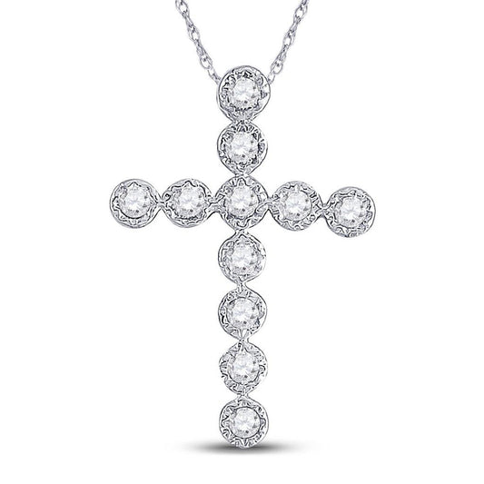 14kt White Gold Round Diamond Paternoster Cross Pendant 1/8 Cttw