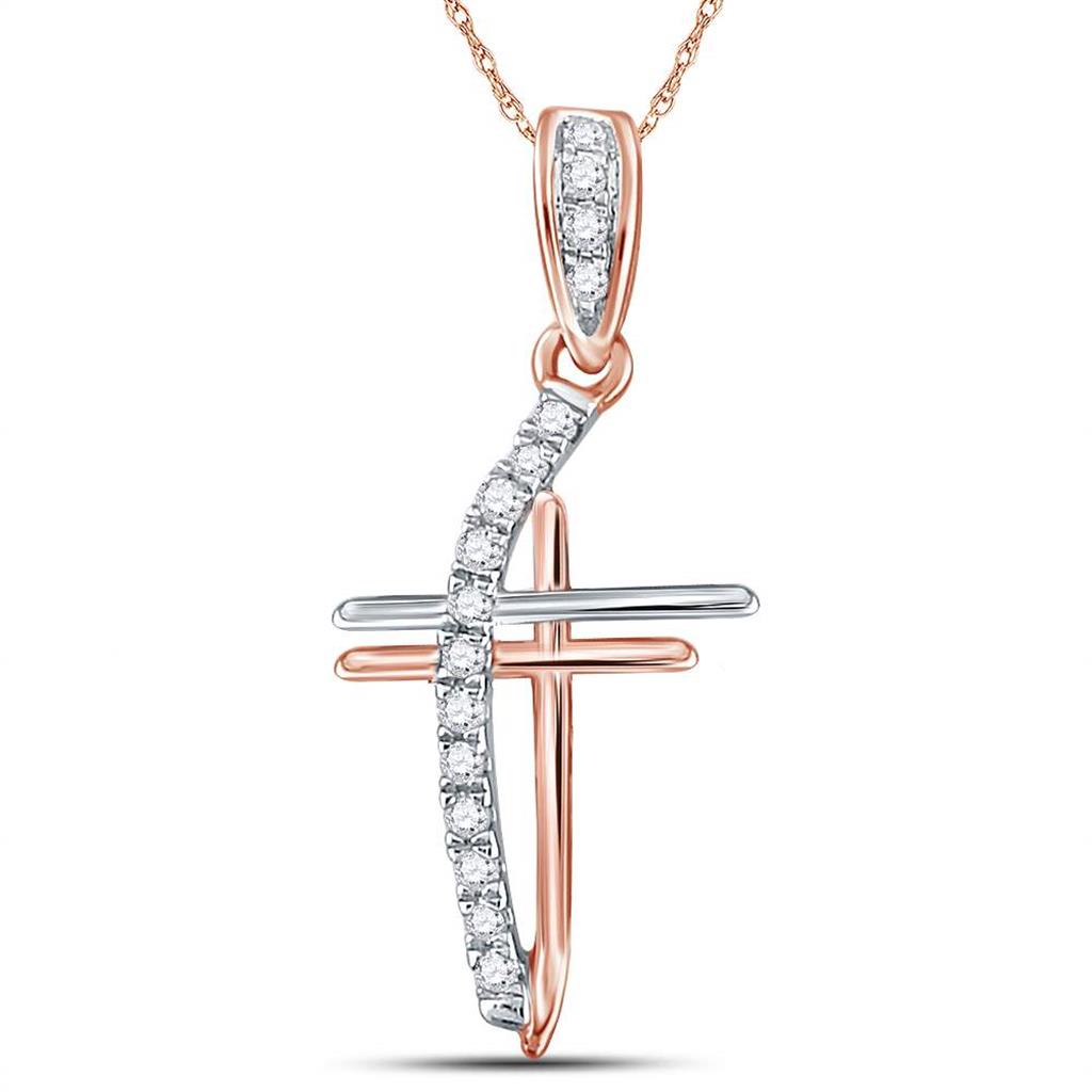 14k Rose Gold Round Diamond Double Cross Pendant 1/10 Cttw