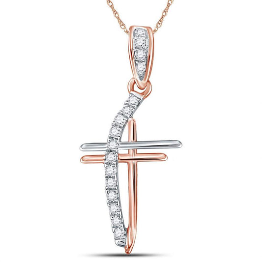 14k Rose Gold Round Diamond Double Cross Pendant 1/10 Cttw