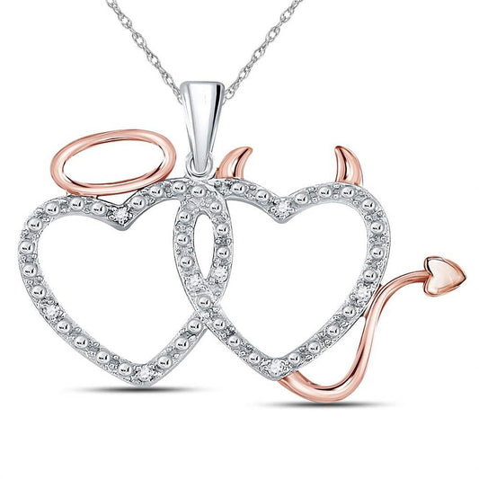 10k Two-tone Gold Round Diamond Angel Devil Heart Pendant 1/20 Cttw