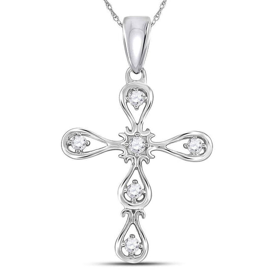 14kt White Gold Round Diamond Scalloped Cross Pendant 1/12 Cttw