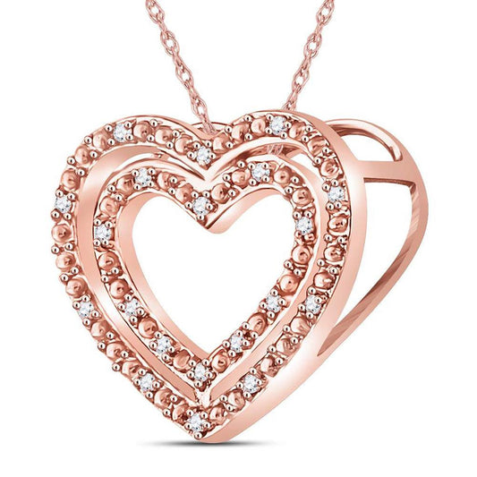 10k Rose Gold Round Diamond Double Heart Pendant 1/12 Cttw