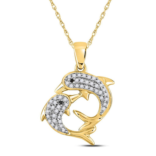 10k Yellow Gold Round Black Diamond Dolphin Pendant 1/6 Cttw