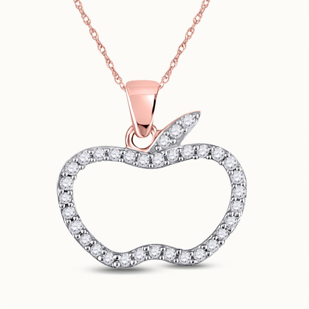 10k Rose Gold Round Diamond Apple Outline Fashion Pendant 1/5 Cttw