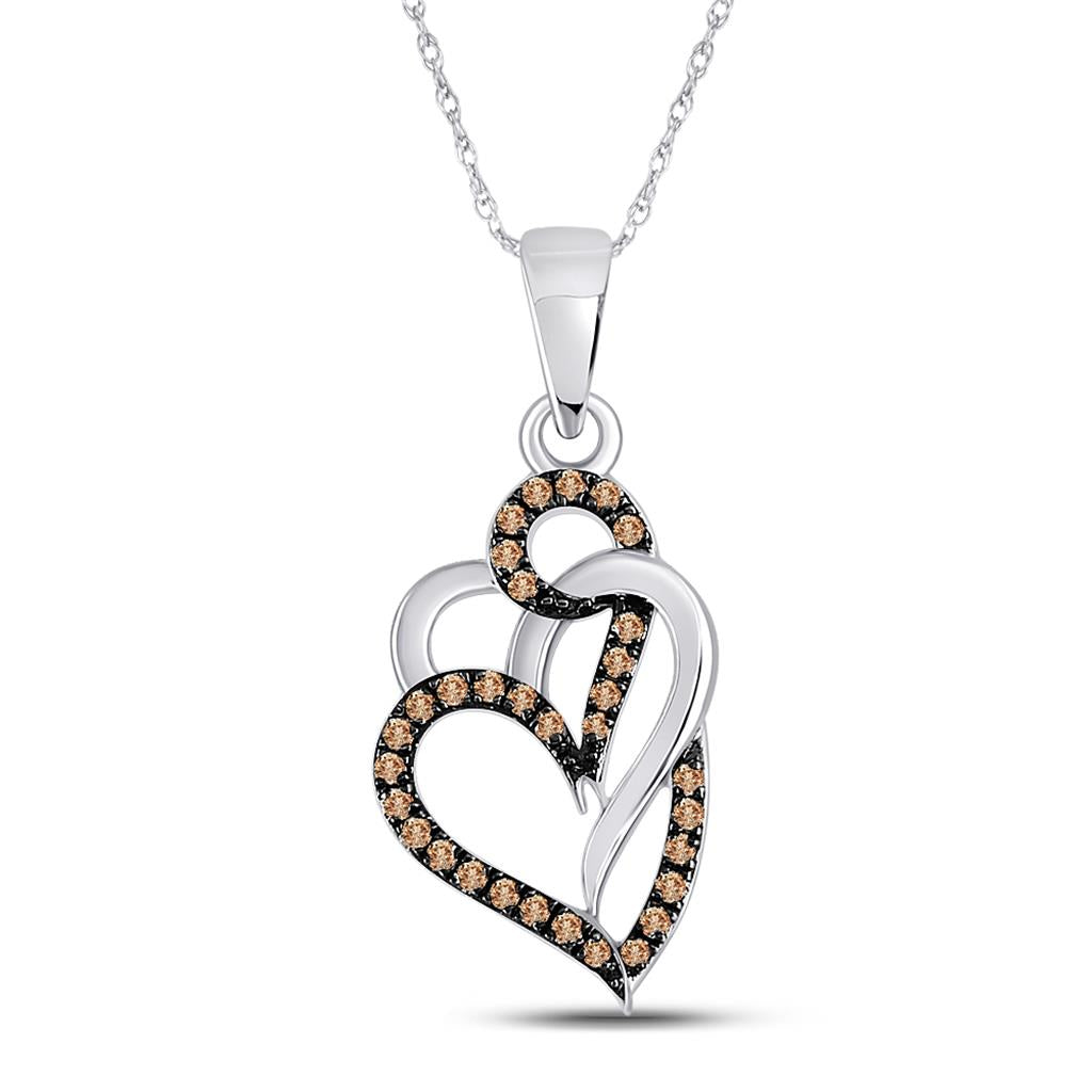 14k White Gold Round Brown Diamond Triple Heart Pendant 1/4 Cttw