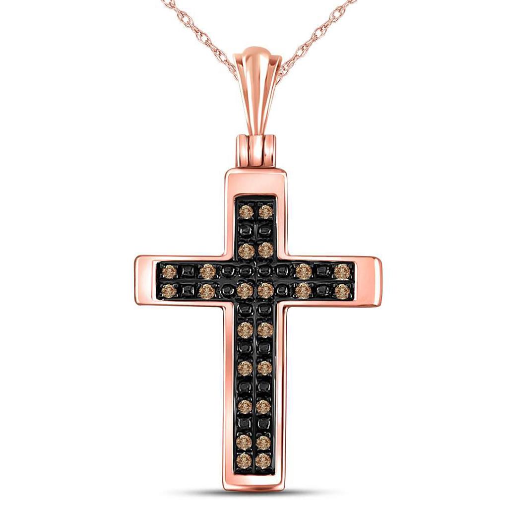 10k Rose Gold Round Brown Diamond Cross Pendant 1/8 Cttw