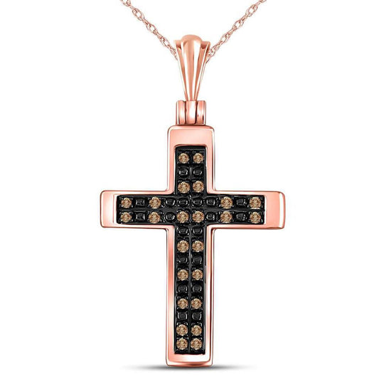 10k Rose Gold Round Brown Diamond Cross Pendant 1/8 Cttw