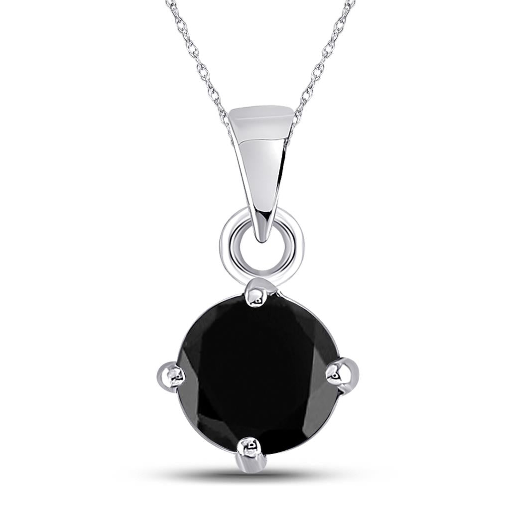 14k White Gold Round Black Diamond Solitaire Pendant 2 Cttw