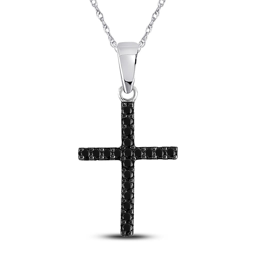 14k White Gold Black Diamond Cross Religious Pendant 1/5 Cttw