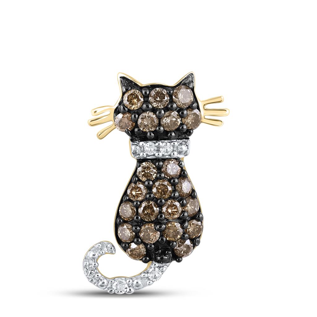 10k Yellow Gold Brown Diamond Kitty Cat Pendant 1/3 Cttw