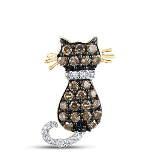 10k Yellow Gold Brown Diamond Kitty Cat Pendant 1/3 Cttw